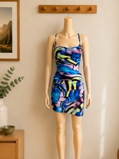 PLT Abstract Marble Slinky Ruched Bodycon Cami Strap Cowl Neck Dress UK 6