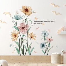 Colorful Flowers Wall Decals Watercolor Floral Wall Stickers Peel and Stick W...