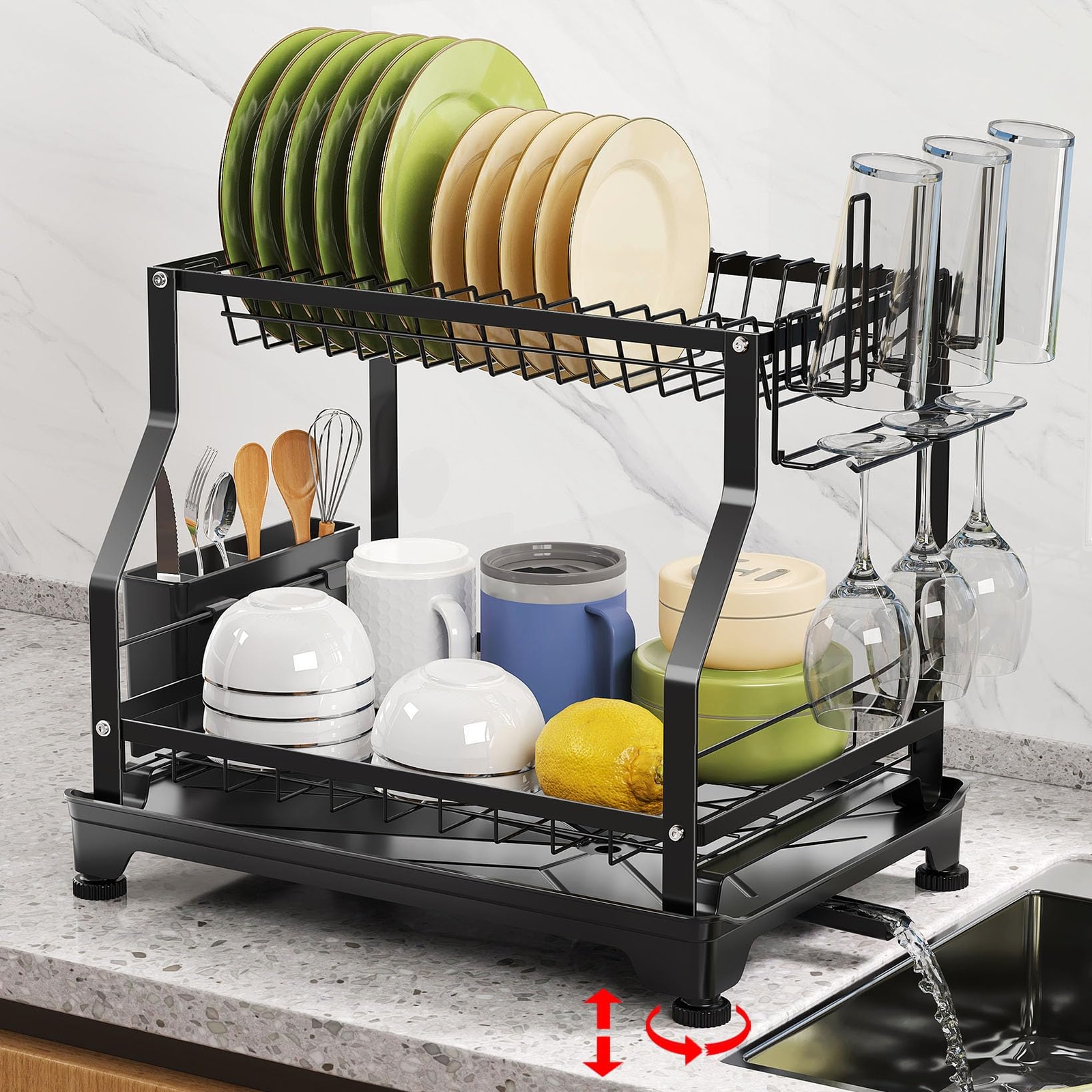Dish Rack For Kitchen Counter2 Tier Dish Drying Rack With 360 Swivel Spoutlarge