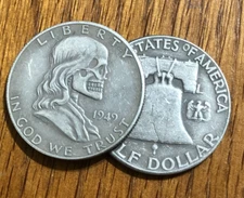 Hobo style skull, skeleton, Ben Franklin Art Coin 1949 Metal USA