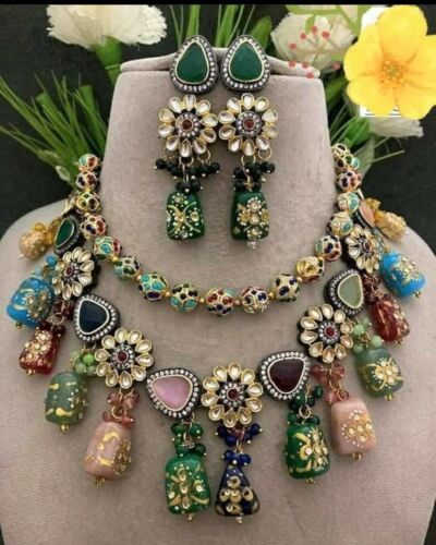 Styl bollywoodzki indyjski ślub kundański naszyjnik impreza ślubna zestawy biżuterii etnicznej - Zdjęcie 1 z 10
