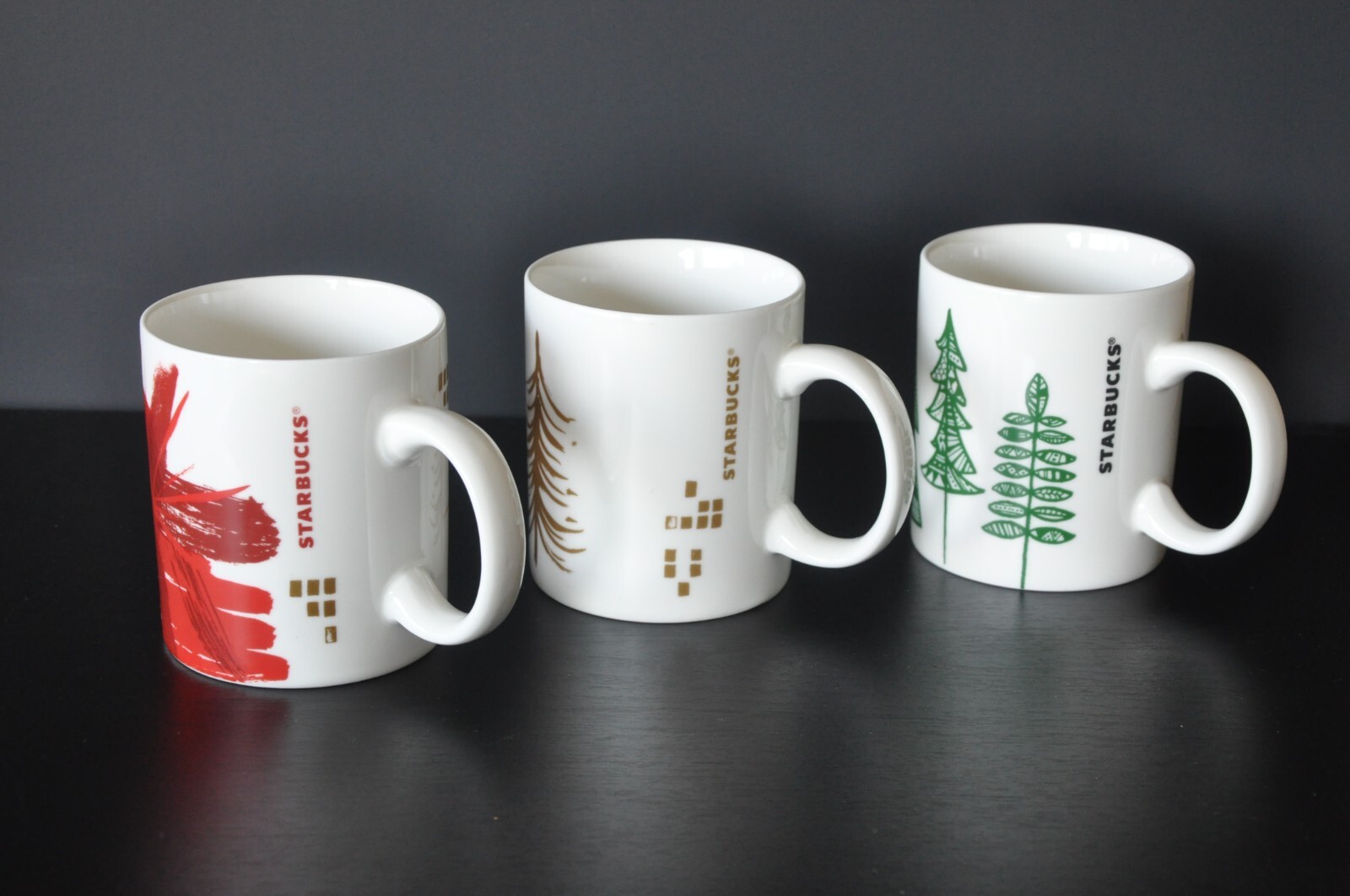 Starbucks Holiday Mug Set of 3 with Red Green Trees Gold Ornaments