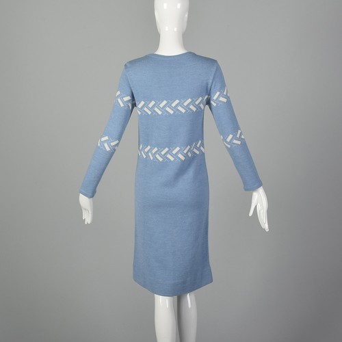 XS Courreges Blue Sweater Dress 1970s French Wool Knit Long Sleeves Winter VTG - Picture 3 of 10