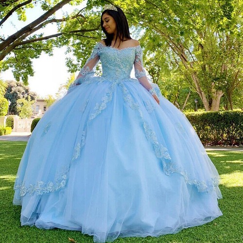 Blue Quinceanera Dresses Long Sleeves 