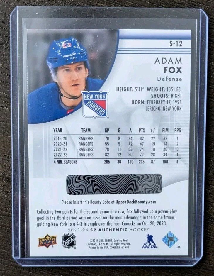 2023-24 SP Authentic Spectrum FX- Adam Fox Bounty Code Unscratched S-12 - Image 2 of 2