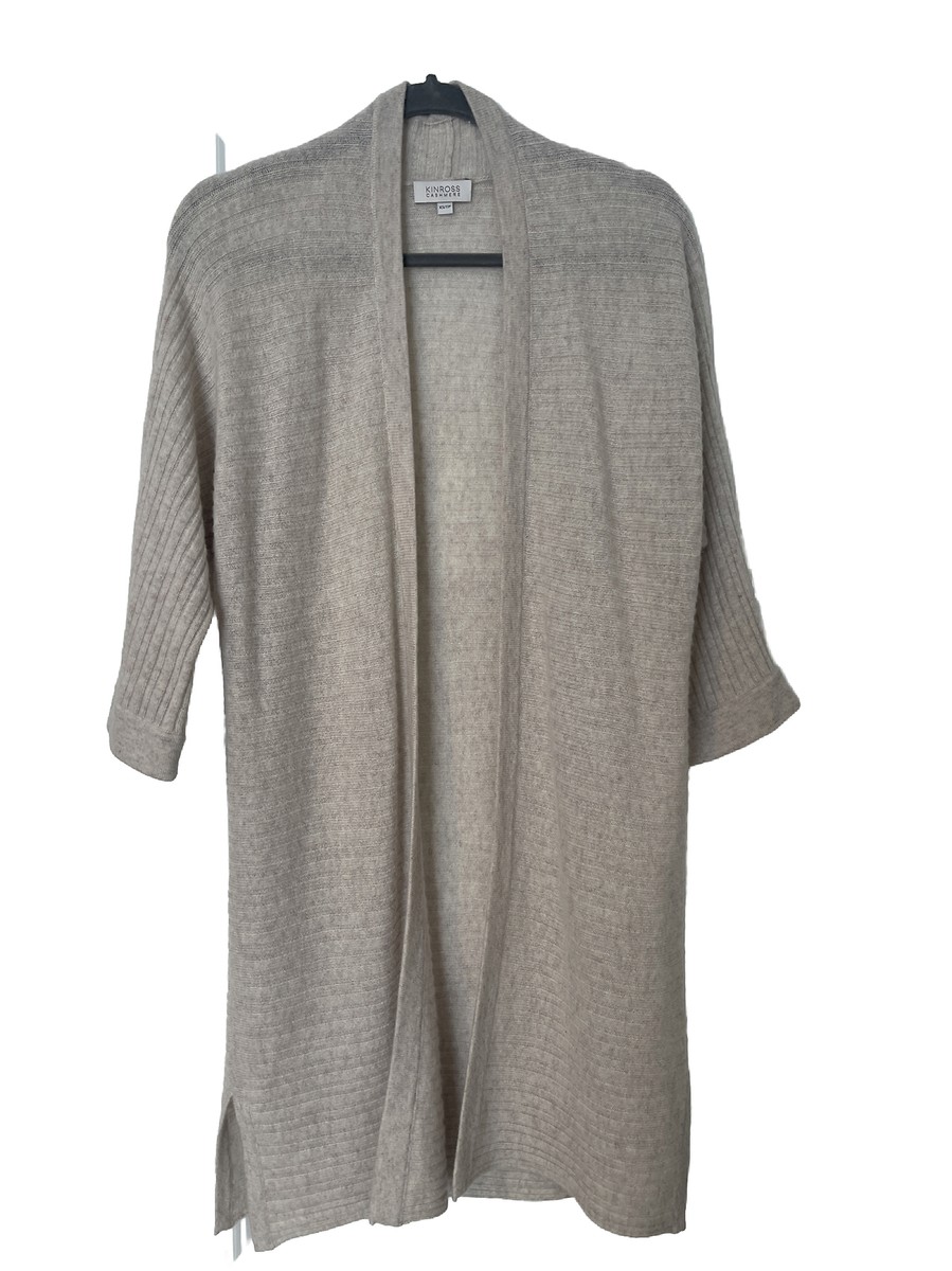 Kinross Easy Rib 100% Cashmere Cardigan Open Front 3/4 Sleeve