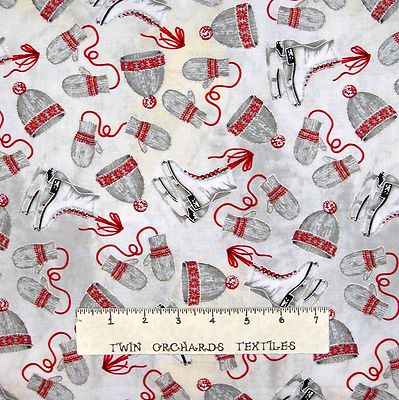 Christmas Celebration Fabric - Mitten Skate Hats on Gray - Red Rooster YARD
