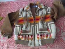 VTG RARE MADE IN USA PENDLETON WOOL WITH LEATHER SLEEVES FULL ZIP JACKET SZ XL