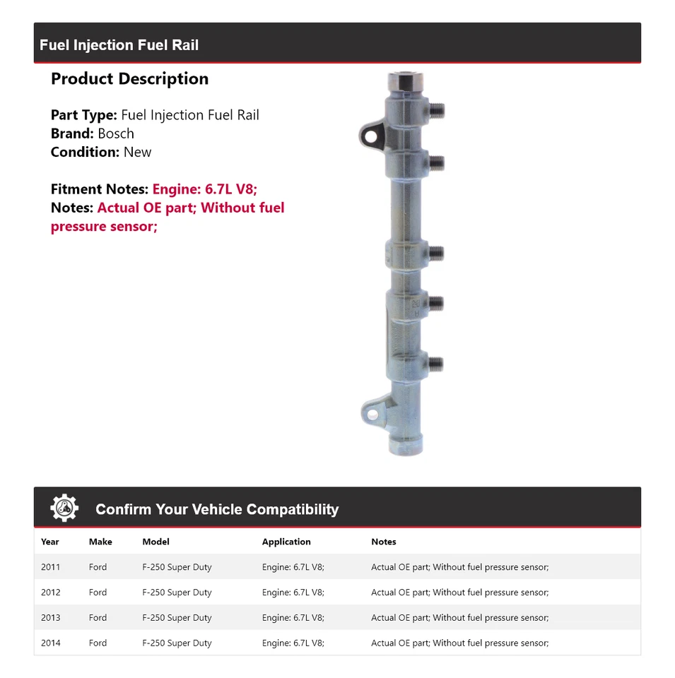 Carril de combustible de inyección Bosch 2012 para Ford F-250 Super Duty 2011-2014 6,7 L V8 Foto 2 de 4