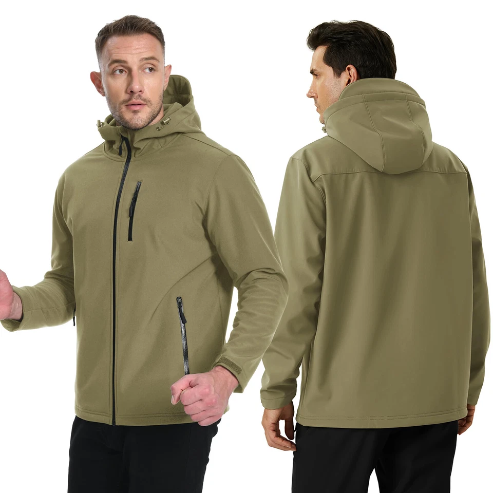 Mens Hooded Softshell Jacket Lightweight Waterproof Fall Work Fleece Windbreaker - Image 2 of 4