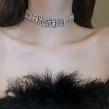 Choker Crystal Necklace Rhinestone Silver Wide Diamante Shine Sparkly Party Gift