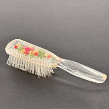 JEWELITE Clear LUCITE With Flowers USA Vintage 1950 s Bristle 8 Hair Brush