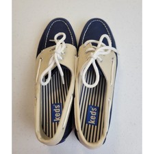Vtg Keds Club Boater Nautical Canvas Boat Shoes Navy Oyster Blue Women Size 6.5