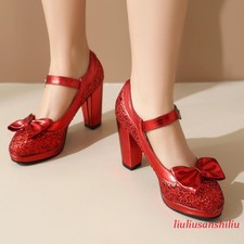 Women's Round Toe High Block Heel Sequin Bowknot Buckle Platform Pumps Shoes New