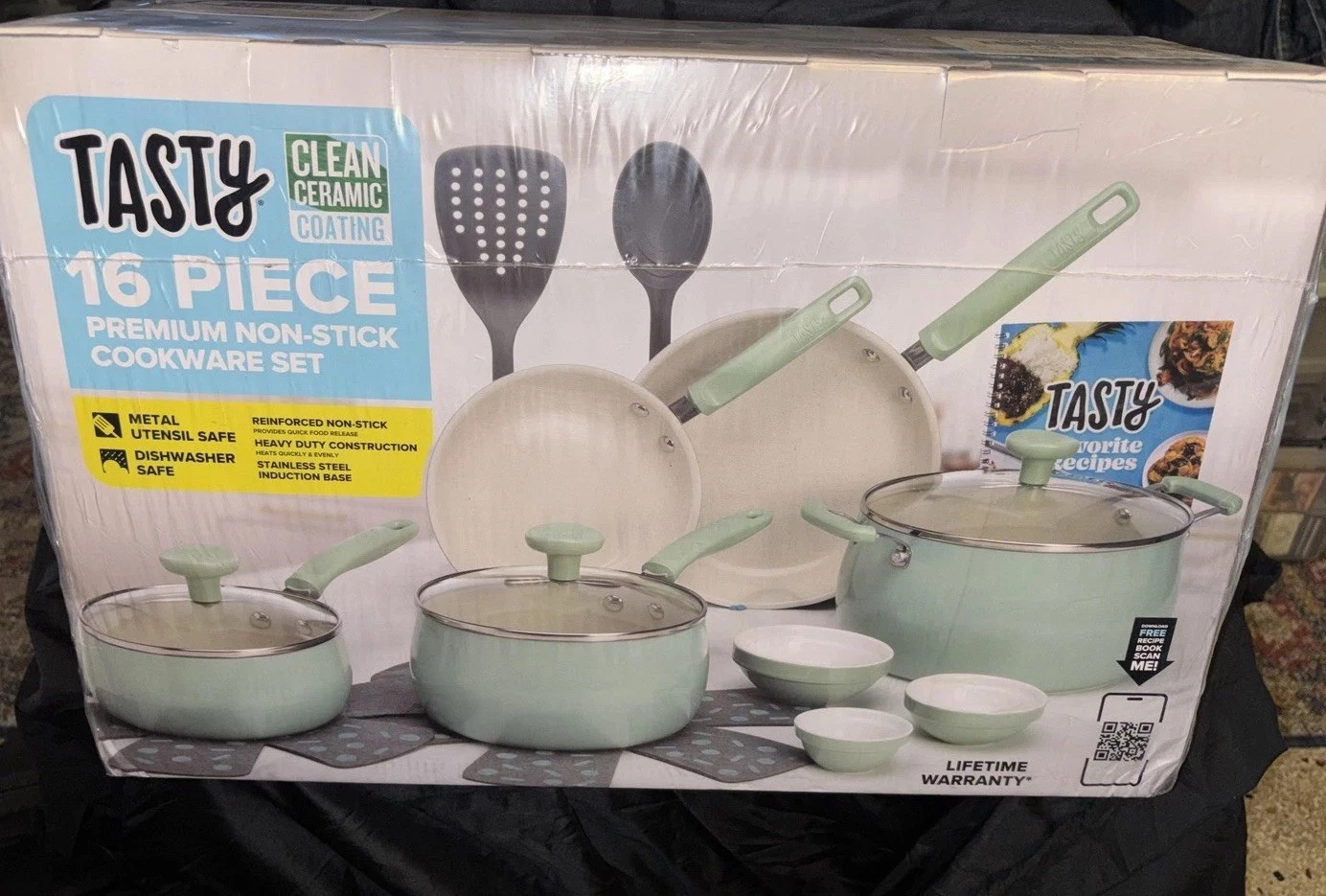 Tasty 16 Piece Premium Non-Stick Cookware Set Clean Ceramic Coating Sage Green