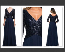 NEW La Femme Chiffon Sequin A-Line Gown in Navy Blue Size 4 B706