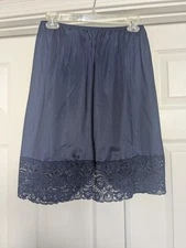 VTG Vanity Fair Silky Half Slip 5" Lace Trim w/Slit Royal Blue Length 22" Sz LG