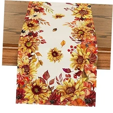  Sunflower Eucalyptus Leaves Fall Table 13" x 108", Table Runner Orange/Beige