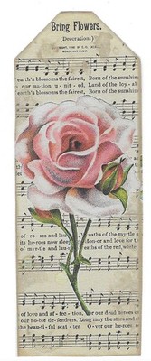 Vintage Pink Rose Bookmark Bring Flowers Older Song Words Musical Notes