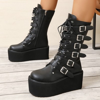 Womens Platform Sexy Rivets Mid Calf Boots Wedge High Heels Lace Up Shoes Punk