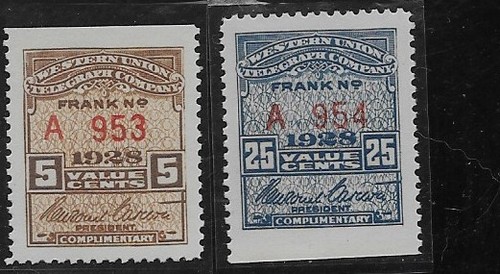US Scott 16T73-74, 1928, Revenue, Telegraph, Western Union, Mint, OG, NH, F/VF