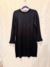 Vince Camuto Black Sweater DRESS with White Ruffle Accents Long sleeve Size M