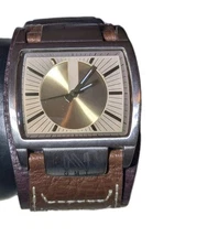 NEXT Wide Leather Cuff Wristwatch GMT Brown Two-Tone Strap Rectangular Dial 9452