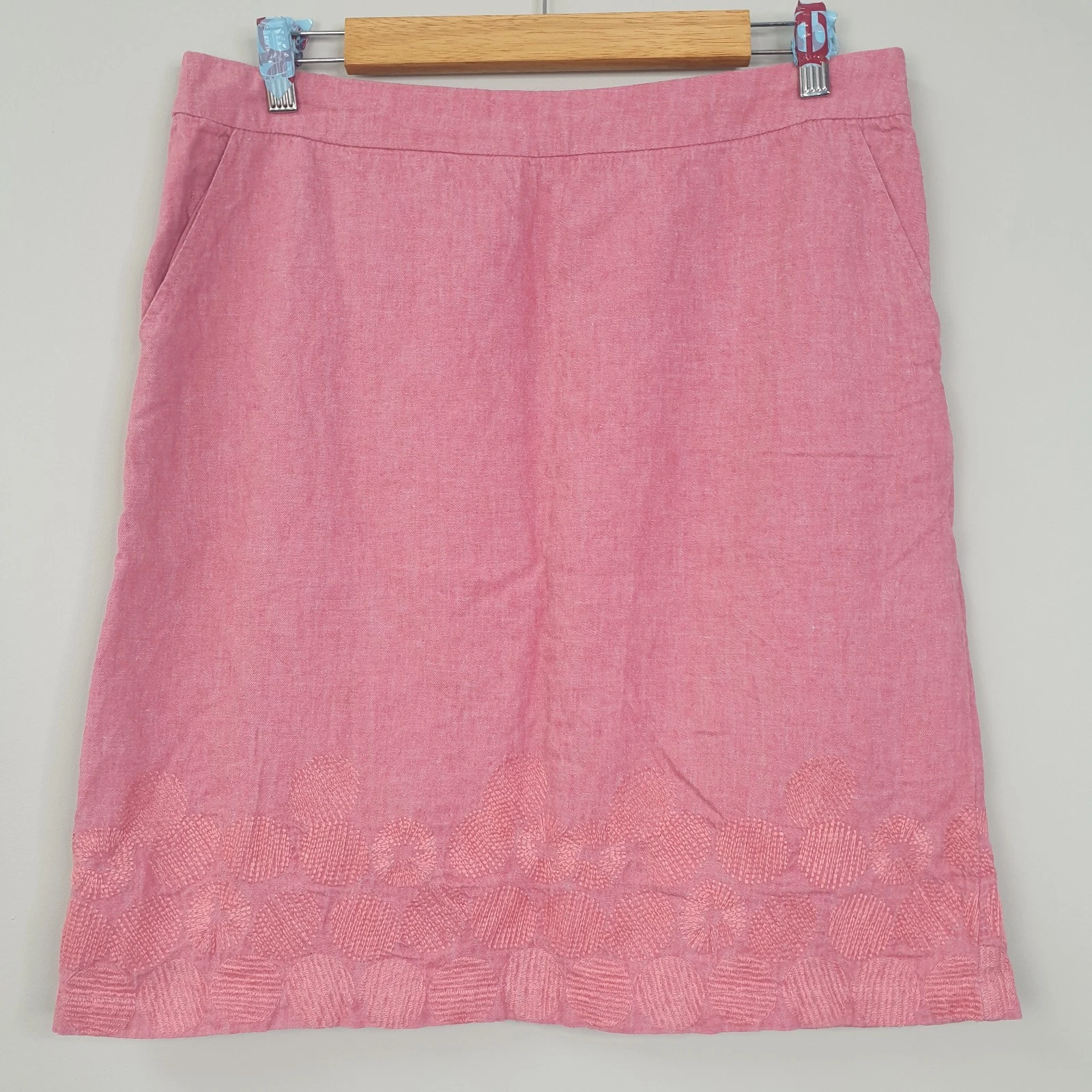 White Stuff Skirt Womens UK 12 Pink Linen Blend A-Line Embroidered Hem Summer