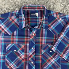 Vintage Wrangler Western Shirt Mens Large Blue Plaid Pearl Snap Short Sleeve USA