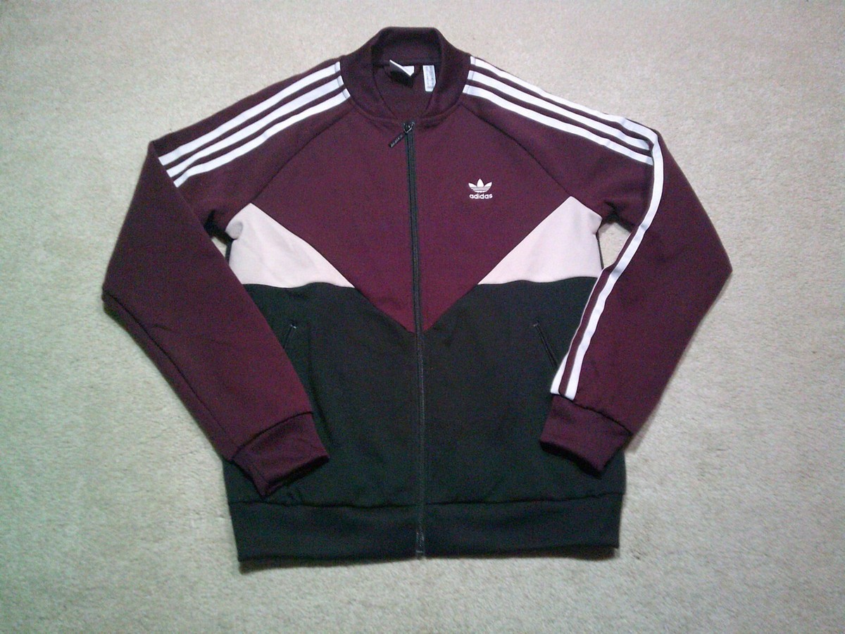 Adidas Track Jacket Womens Small Maroon Black Full Zip Tre Foil
