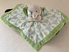 Carters Baby Lovey Elephant Blue and Green Sewn Eyes Security Blanket 14" x 14"