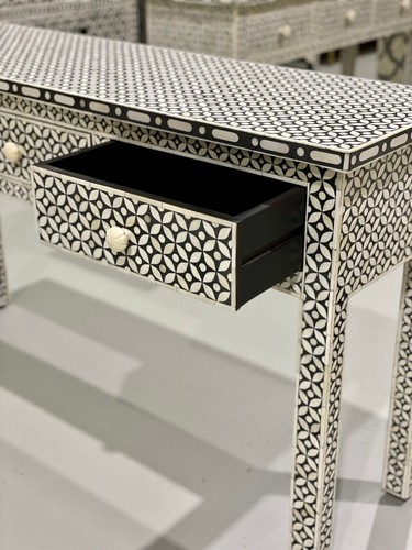 Bone Inlay Console Table 3 Drawer - Black Geometric - Picture 7 of 18