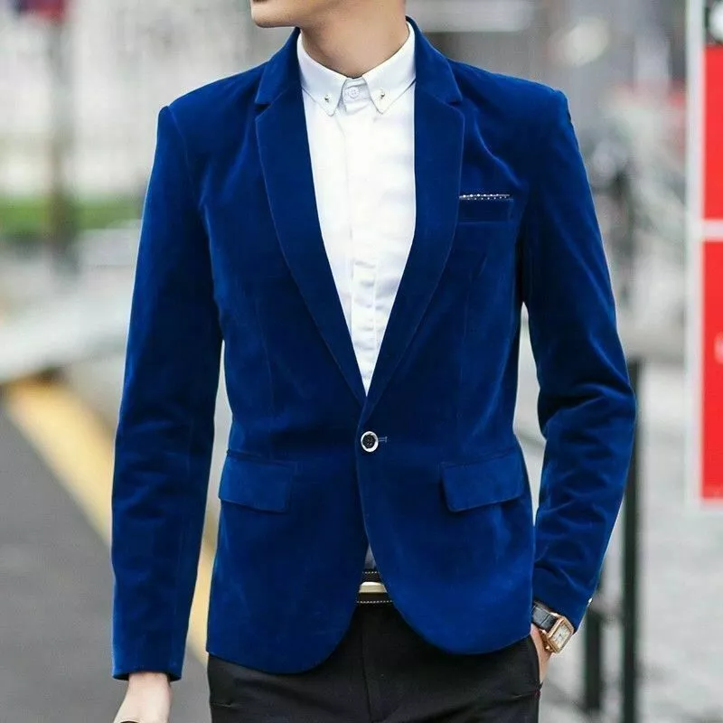 Men s Velvet Suit Jacket Blazer Tunic Top Coat Vintage Casual Smart Royal Blue