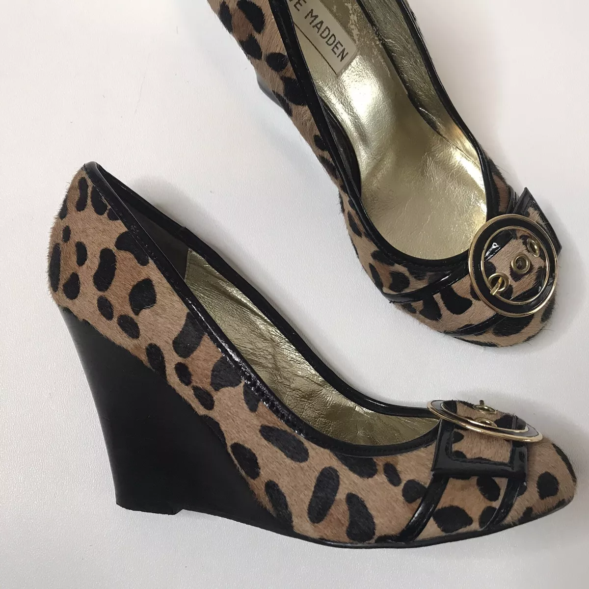 Steve Madden Womens SZ 8 Leather Animal Print Wedge High Heels Shoes Cheetah
