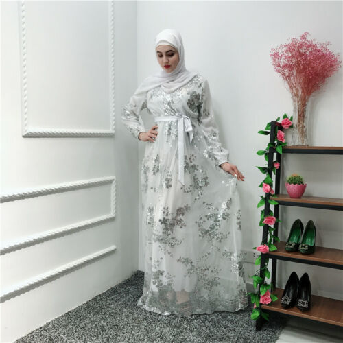 Muslim Women Sequin Abaya Maxi Dress Dress Party Kaftan Long Sleeve Gown Islam - Picture 2 of 57