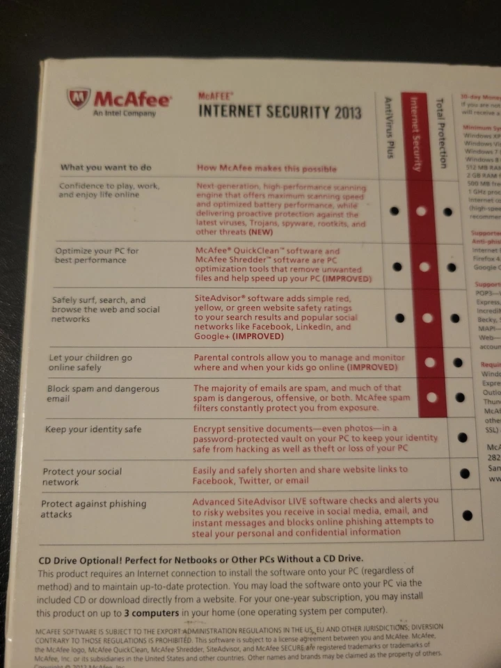 McAfee Internet Security 2013  1 Year 3 PCs  Retail Box Disc For Windows XP 7 8 - Image 4 of 4