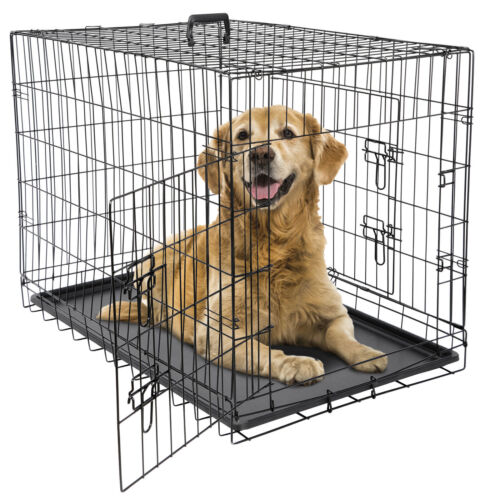 36" Dog Crate Kennel Folding Metal Pet Cage 2 Door With Tray Pan Black