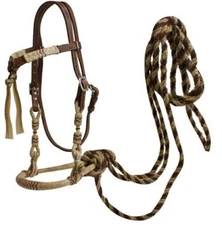 FUTURITY KNOT HEADSTALL w/TEAL RAWHIDE BOSAL & HORSE HAIR MECATE REINS F/SHIP