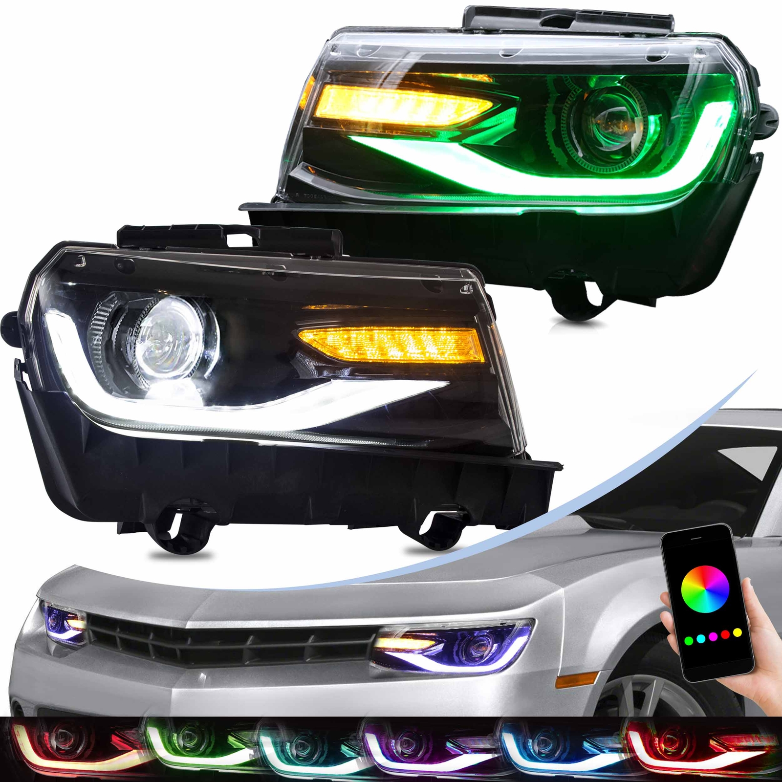 Phare LED Camaro 2014 visibilité accrue - Feux avant RGB VLAND anti-brouillard
