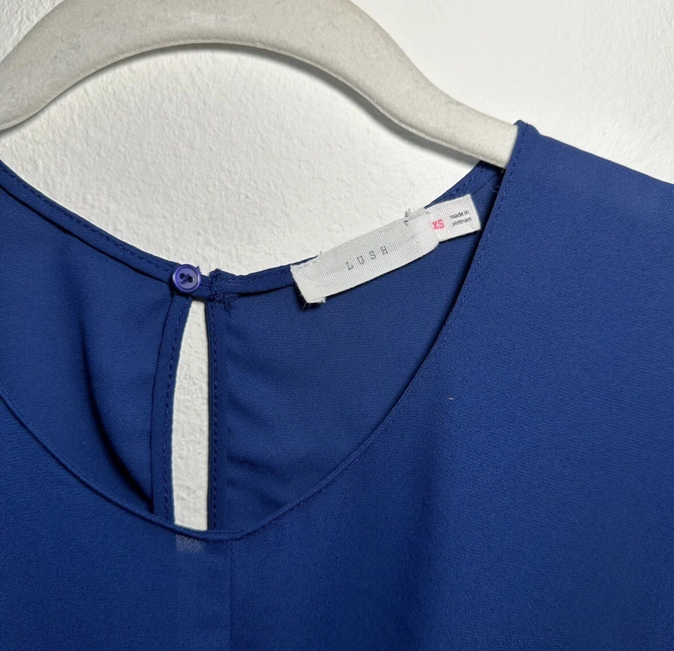 Blusa Top Azul Exuberante Clásica Semi Transparente Ligera Mangas con Pestañas Enrollables Foto 2 de 4