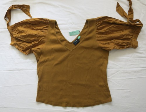 Maeve Anthropologie Ribbed Cotton Top Gold Mustard Short Puff Sleeve Ties 24W - Picture 3 of 12