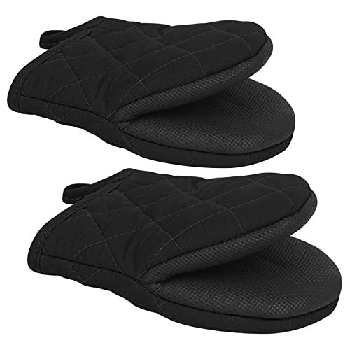 Qulable 1 Pair Short Oven Mitts - Silicone Kitchen Gloves High Black 