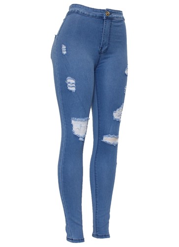 New Womens High Waist Stretchy Blue White Knee Cut Skinny Denim distressed Jean - Picture 22 of 82