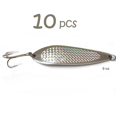 SP0060000 Lure Lot 10-Piece Fishing Spoon Lot - S From 3/4oz To 9oz With  Treble Hooks Silver Spoon