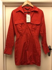 Zara Red Cotton Stretch Poplin Long Sleeve Cargo Military Shirt Dress / S / BNWT
