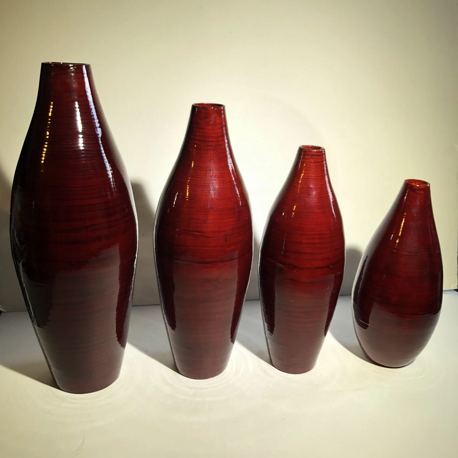 Set of 4 Red Bamboo Laquerware Eco-Friendly Decor Vases 12-19” Variety