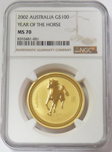 2002 GOLD AUSTRALIA $100 LUNAR YEAR OF THE HORSE NGC MINT STATE 70