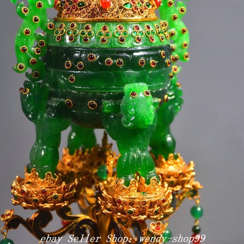 7"Qianlong Marked Copper 24 K Gold Emerald Green Jade Lion Incense Burner Censer - Picture 8 of 9