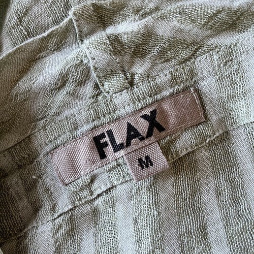 Flax Linen Jacket Top Size Medium Green Stripe Tie Neck Long Sleeve 100% Linen - Picture 9 of 10