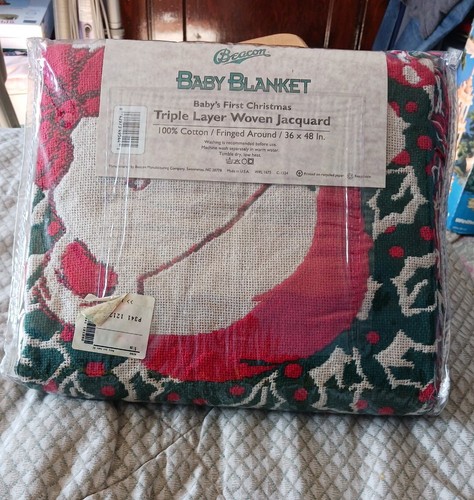 Vtg NEW Baby’s First Christmas Tapestry Blanket Teddy Bear Red Green 48" × 36" - Picture 3 of 10